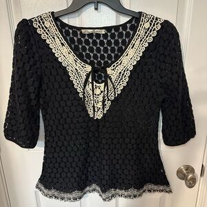 Solitaire Black & Cream Crochet Womens Blouse M Granola Cottagecore Indie Boho